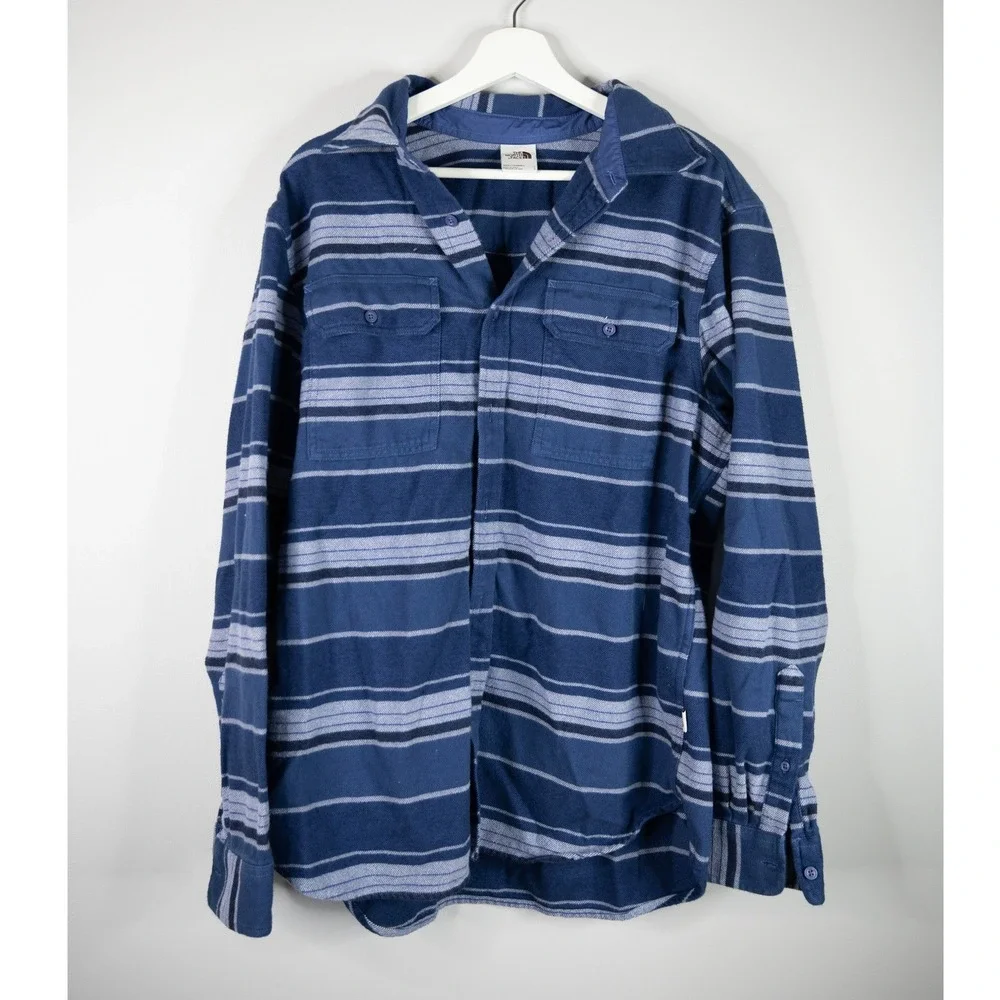 The North Face Flannel Shirt Mens Large Blue Striped‎ Long Sleeve Gorpcore